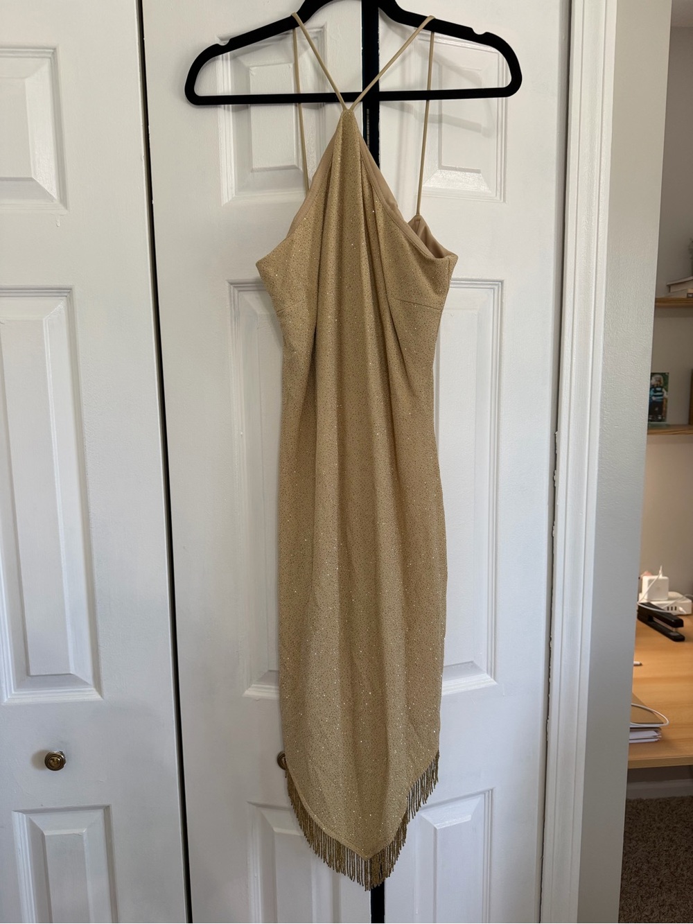 Vintage Cache Gold Fringe Slip Dress - Women's Elegant Evening Dress (10)